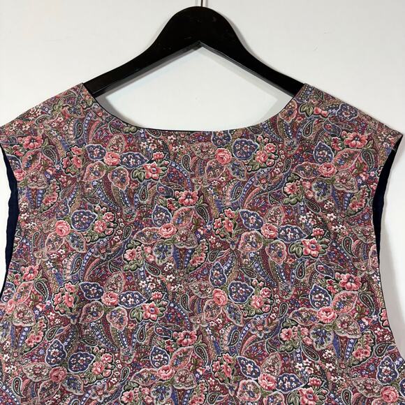 Vintage Pink Rose Vest Floral Print Navy Blue Open Plus Size Handmade Cottage - Picture 7 of 10